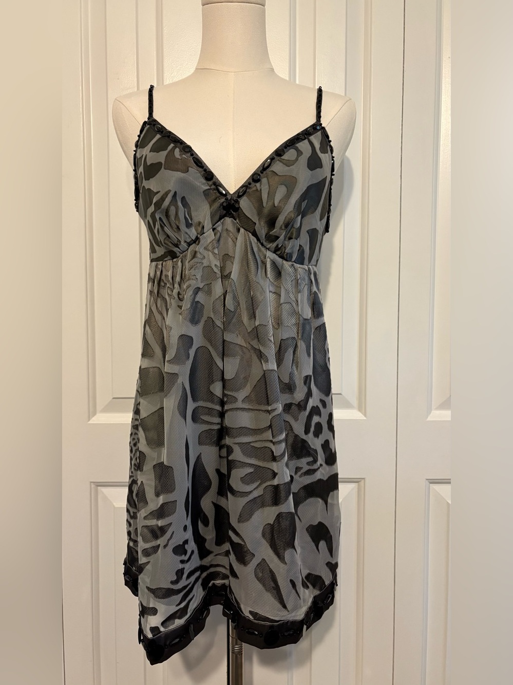 NICOLE, Sheer Gray (Lined) Bead Embellished Slip Dress/Top, Size M
